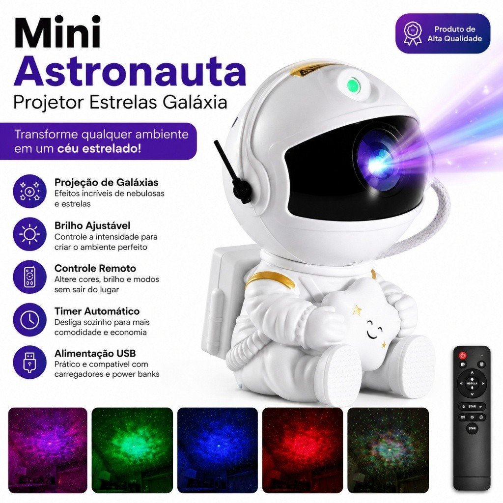 Mini Projetor Astronauta Galáxia e Nebulosa com Controle Remoto