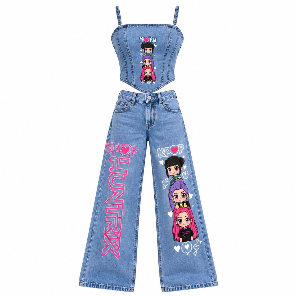 Conjunto Jeans Infantil Cropped e Calça Fashion Blogueirinha