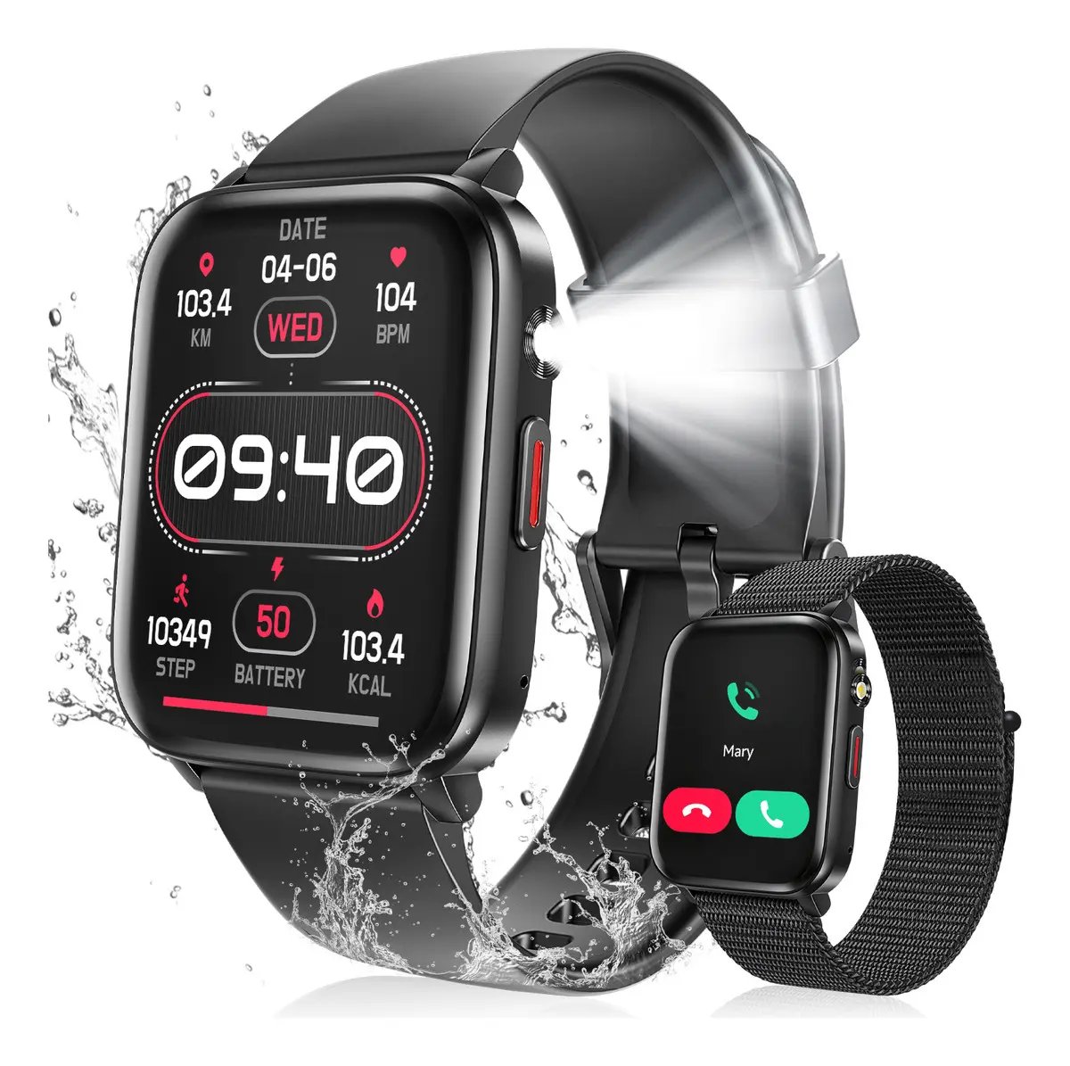 Relógio Inteligente Smartwatch Chamadas Bluetooth Ipx8 Água Feminino Homens Preto NOVANTE Masculino Esportivo Monitor De Saúde Notificações Instantâneas Com Lanterna Pulseira Tecida De Brinde Presente