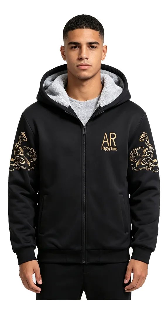 Jaqueta Com Capuz Forrada Em Fleece Bordada Inverno Masculina Preto L