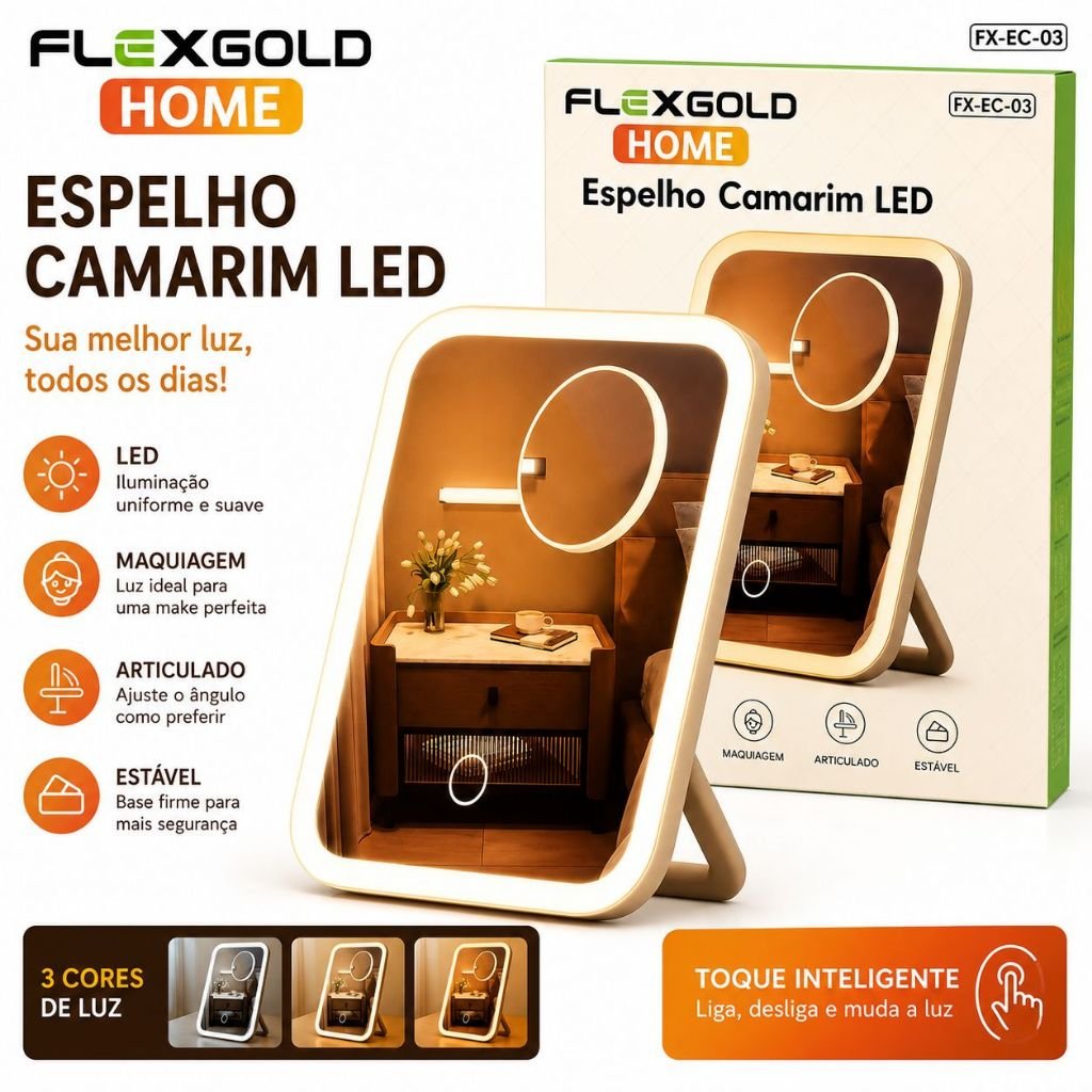 Espelho Camarim LED FlexGold FX-EC-03 de Mesa com 3 Cores de Luz, Touch e Suporte Articulado