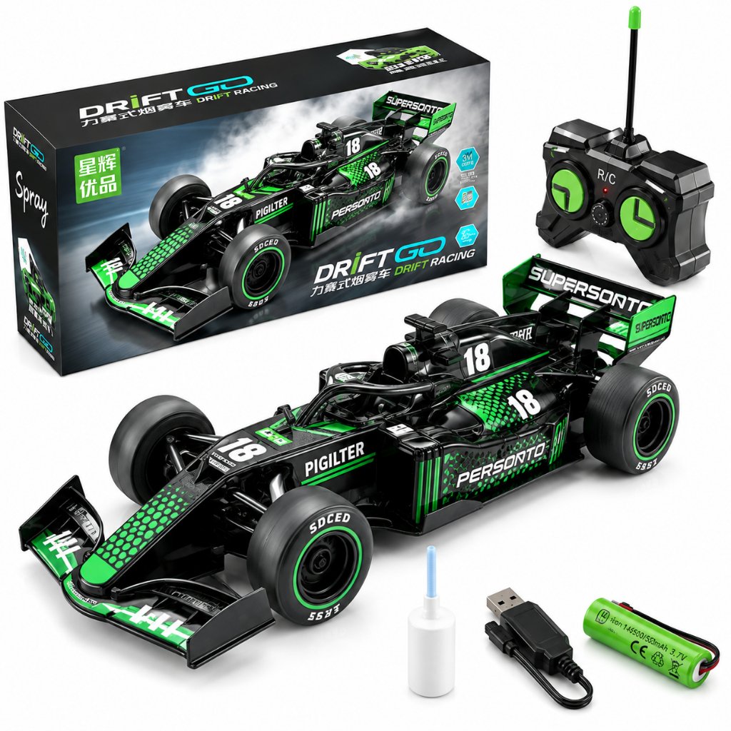 Carrinho F1 Controle Remoto Recarregável com Efeito Fumaça