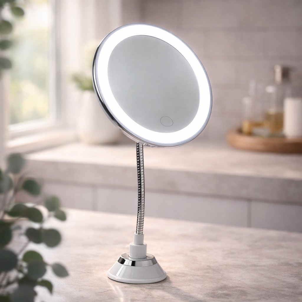 Espelho De Mesa Redondo Com LED USB E Haste Flexível