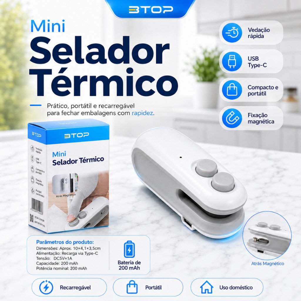 Mini Selador Térmico Portátil Btop USB-C Recarregável