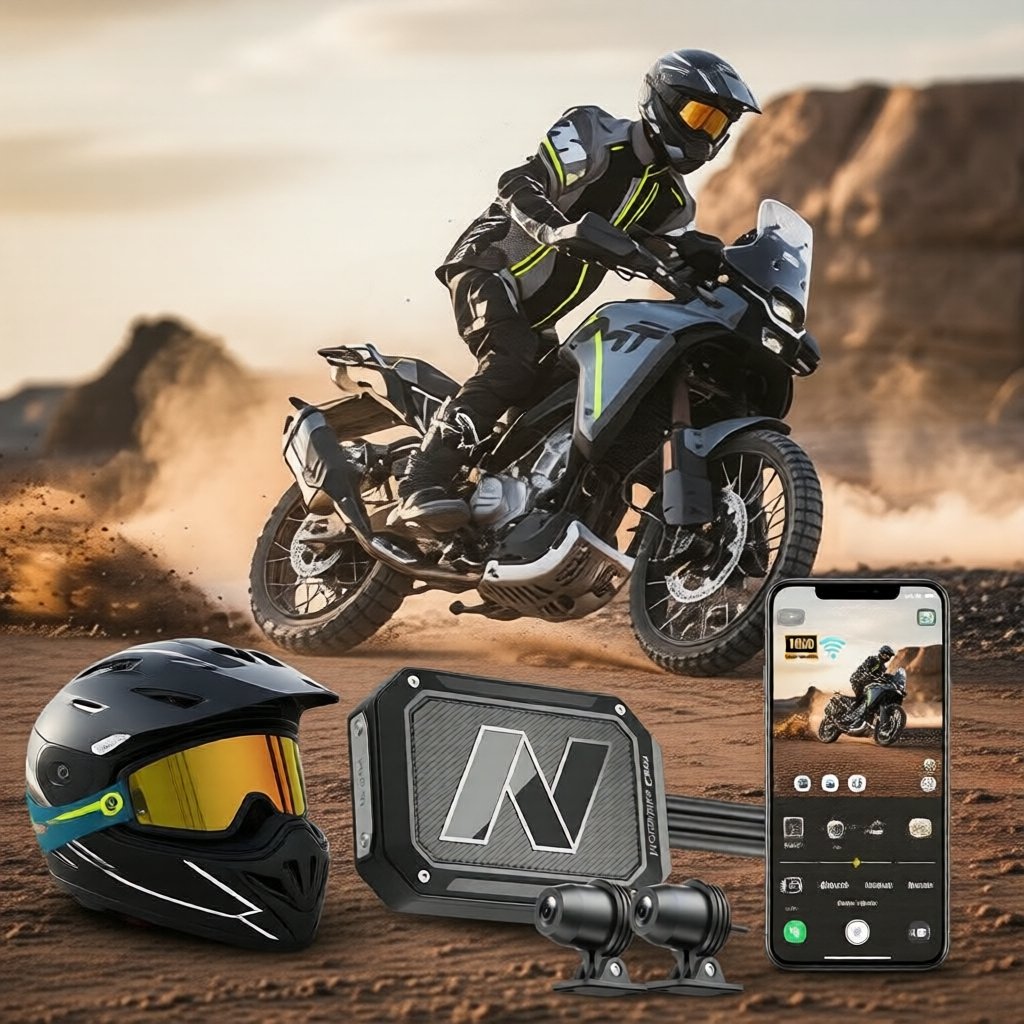 Câmera Veicular 2K Off-Road: Duplo 1080P, Visão Noturna e Sincronização WiFi com App; DVR Inteligente para Motocross