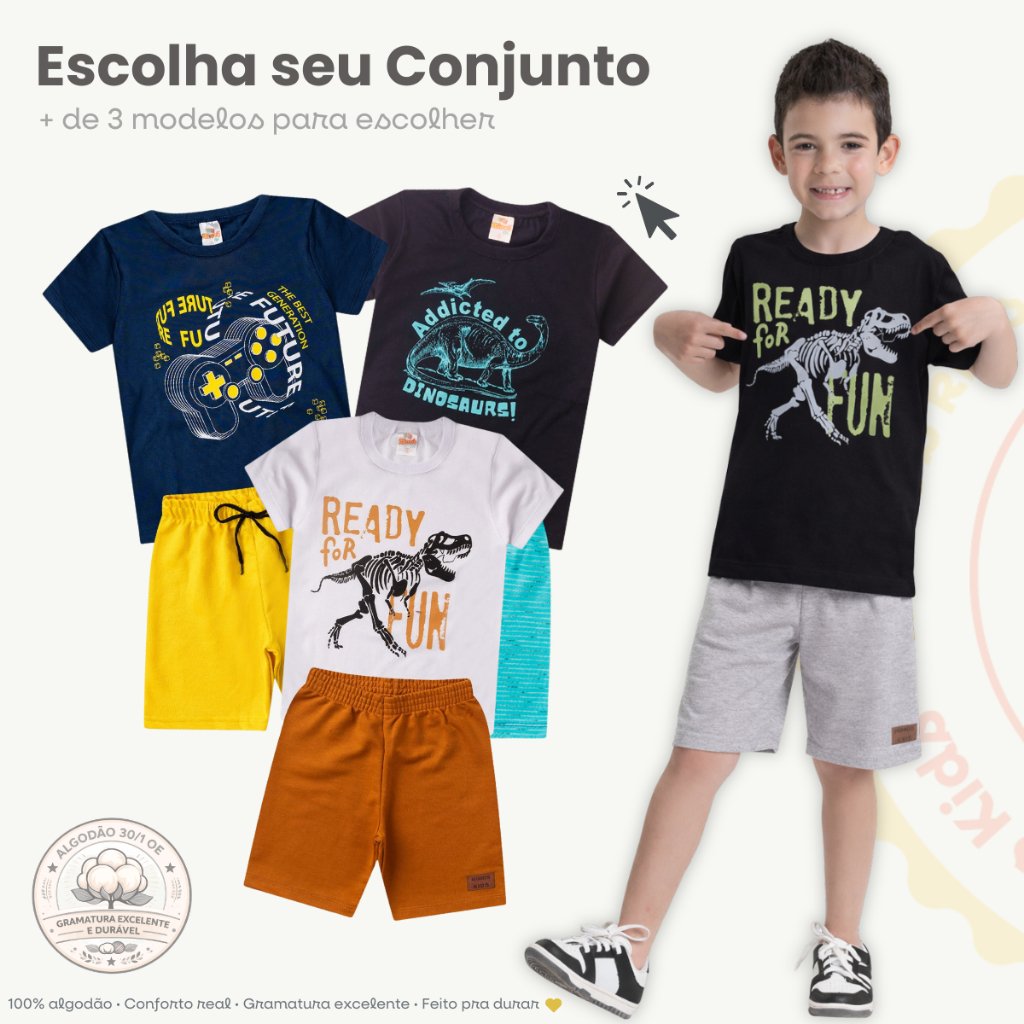 Conjunto Infantil Masculino Verão Camiseta e Bermuda Estampada