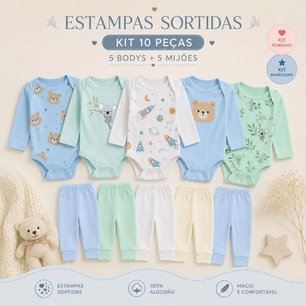 Kit 10 Peças Roupinhas de Bebê Body Longo e Mijão