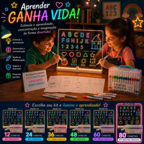 Kit Educativo Infantil Lousa LED com Canetas e Desenhos Criativos