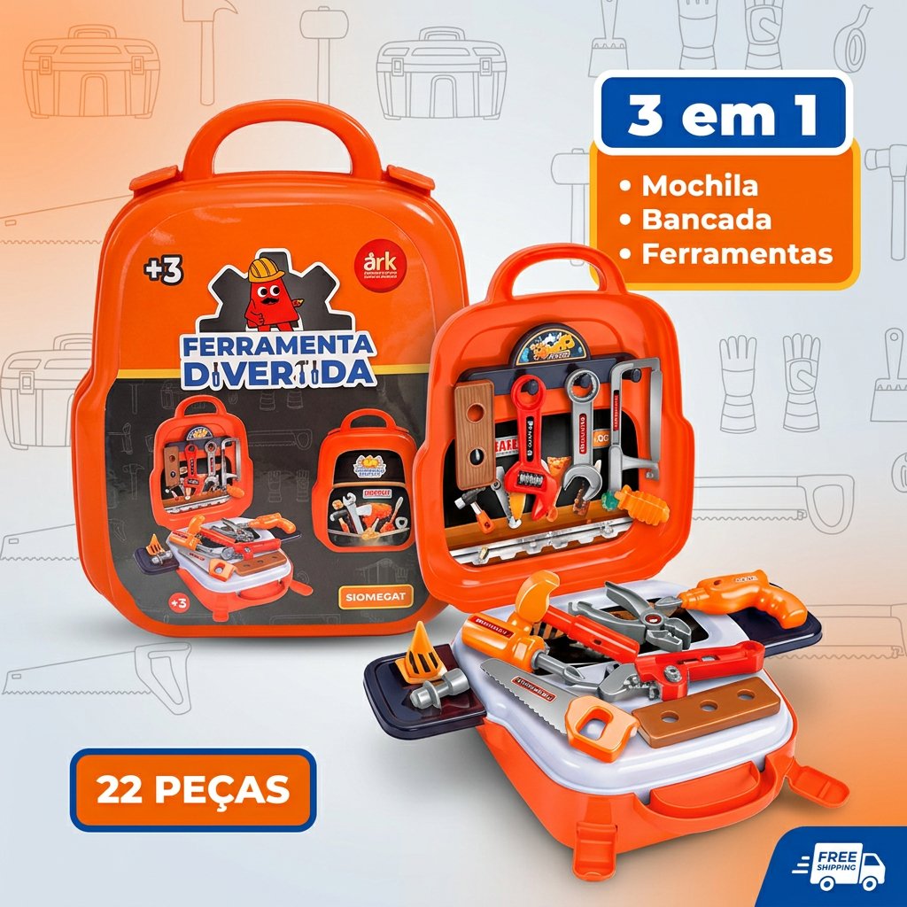Kit Ferramentas Infantil 3 em 1 Mochila Bancada 22 Peças