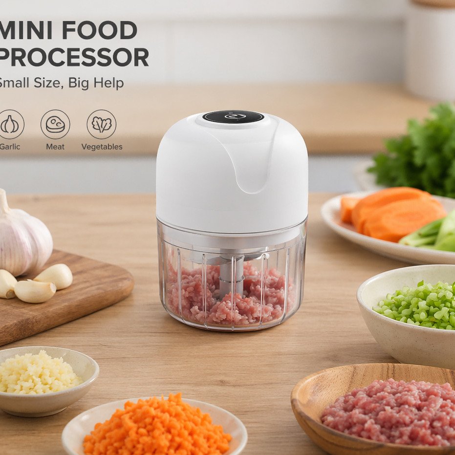 Mini Processador de Alimentos Elétrico Sem Fio Branco 250ml