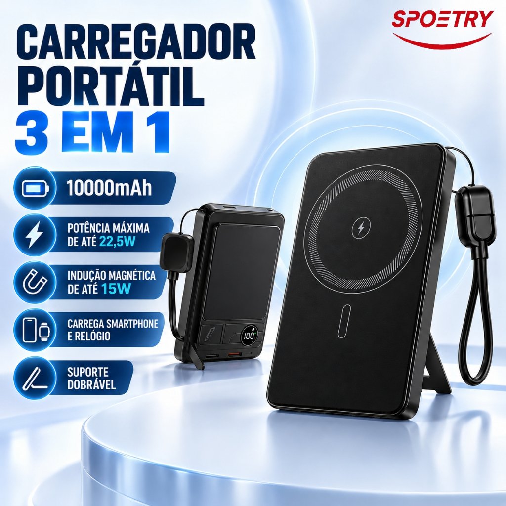 3 EM 1 Carregador Portátil 10000mAh 22.5W Super carregamento rápido Para Iphone Indução Magsafe Suporte dobrável