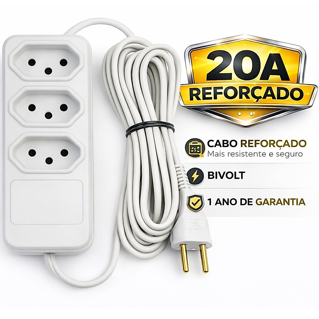 Extensão Elétrica Reforçada 20A 3 Tomadas Bivolt para Alta Potência