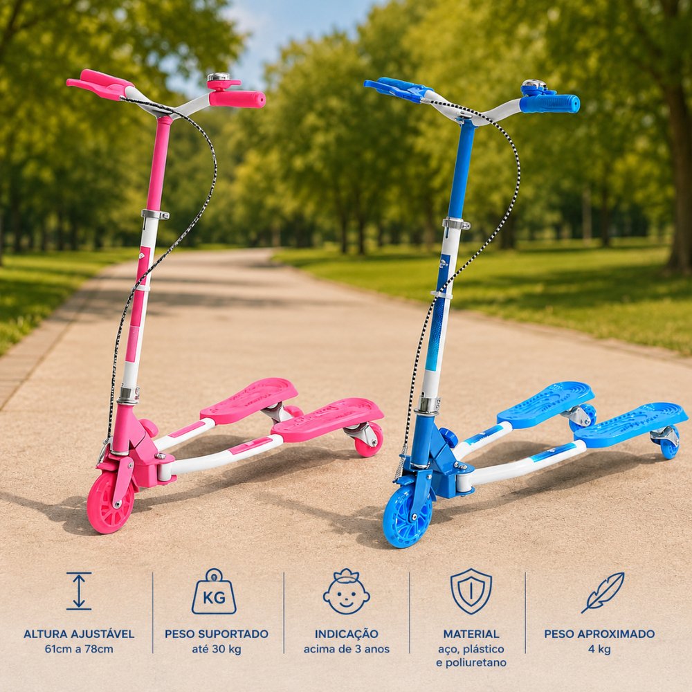 Patinete Infantil 3 Rodas LED Dobrável Guidão Ajustável