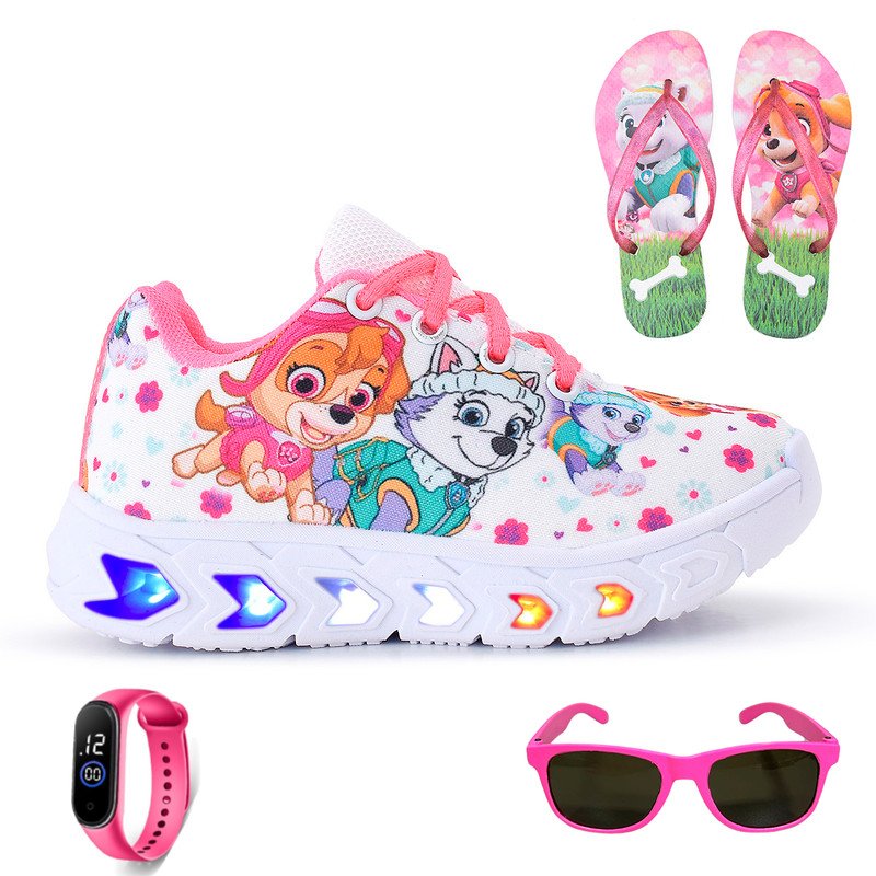 Kit Infantil Completo: Tênis LED, Chinelo, Relógio e Óculos