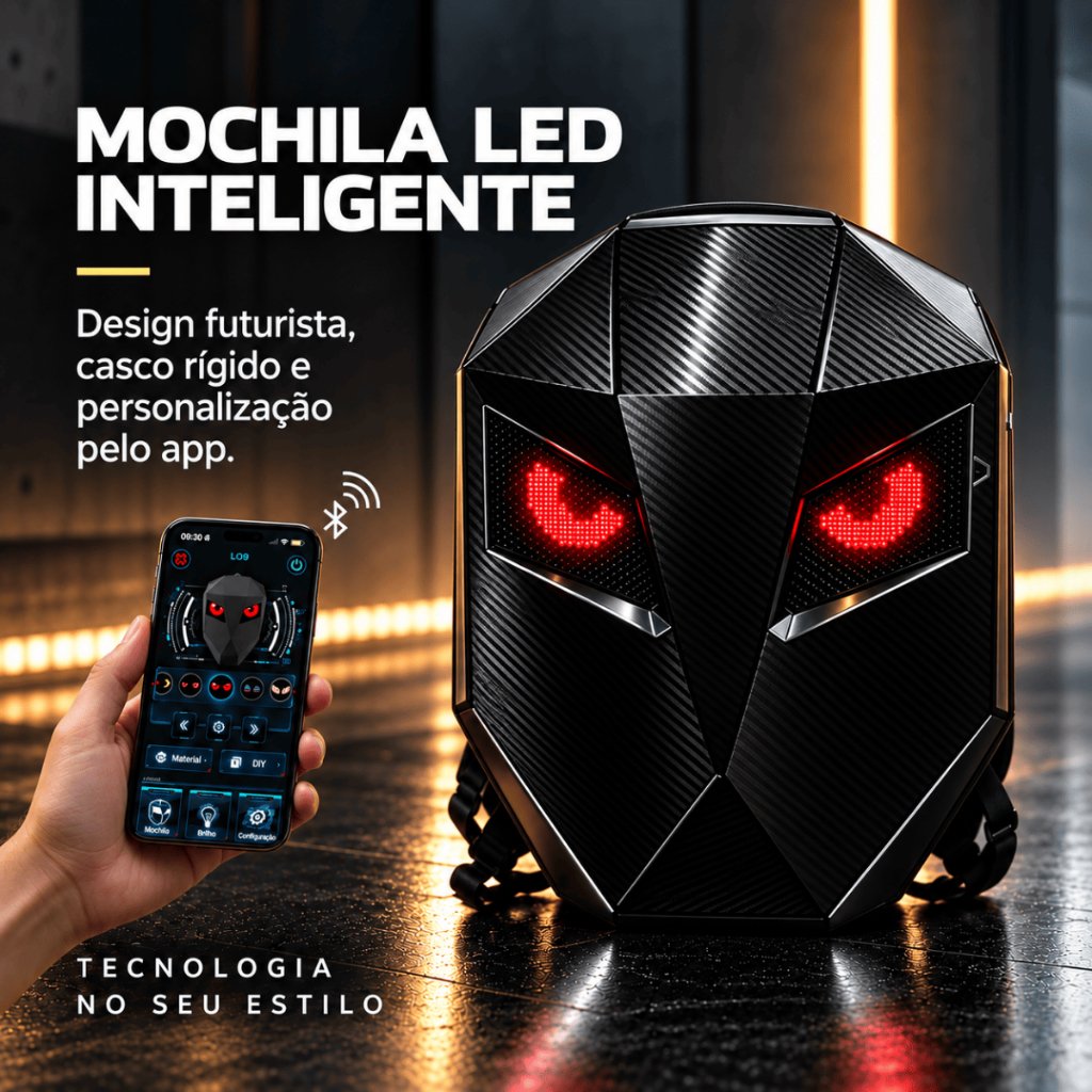 Mochila Motoqueiro LED Inteligente Olhos Personalizáveis Bluetooth Impermeável Expansível Porta Capacete Notebook USB