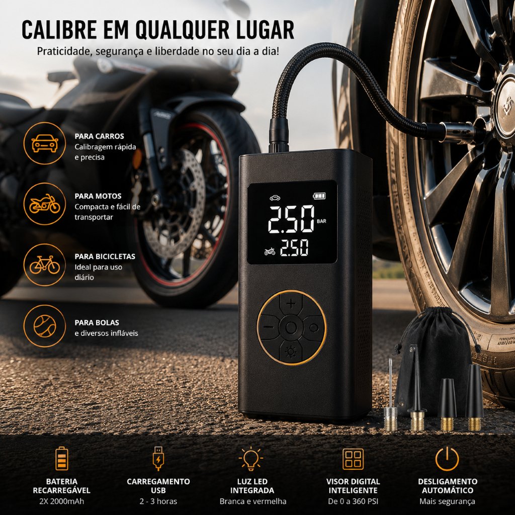 Mini Compressor Bomba Ar Digital Portátil Compacto Inflador Pneus Preto