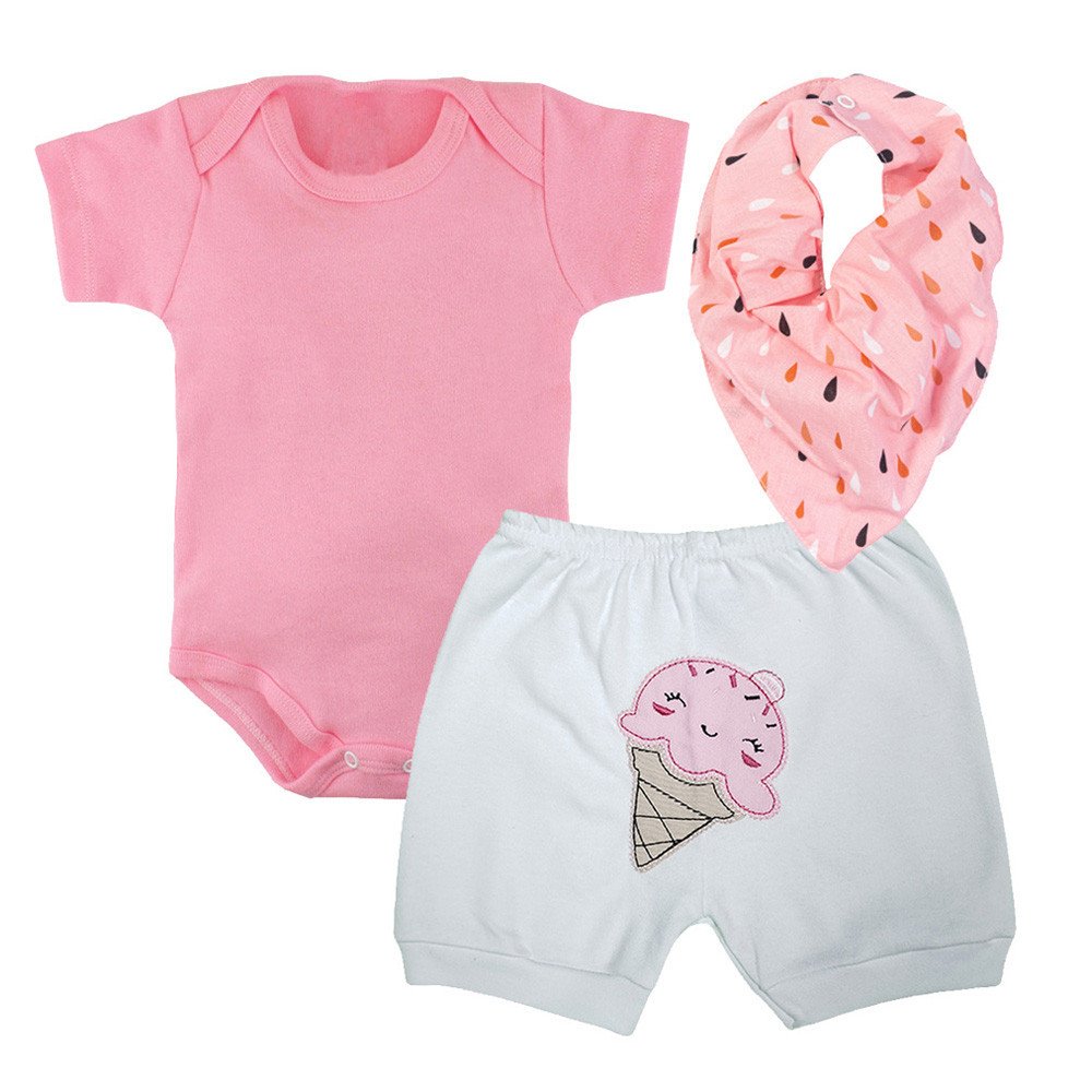Kit 3 Peças Roupinhas de Bebê Enxoval Body Bandana Short