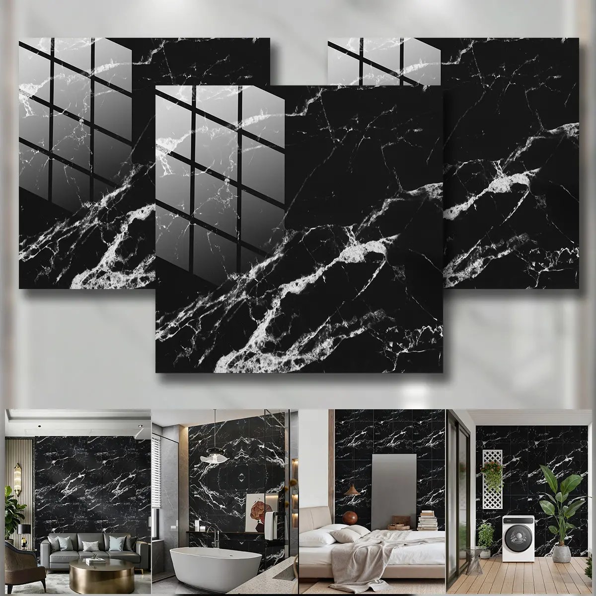 Kit 20 Placas Adesivas Autocolantes Mármore 3d Decoração Preto Piano
