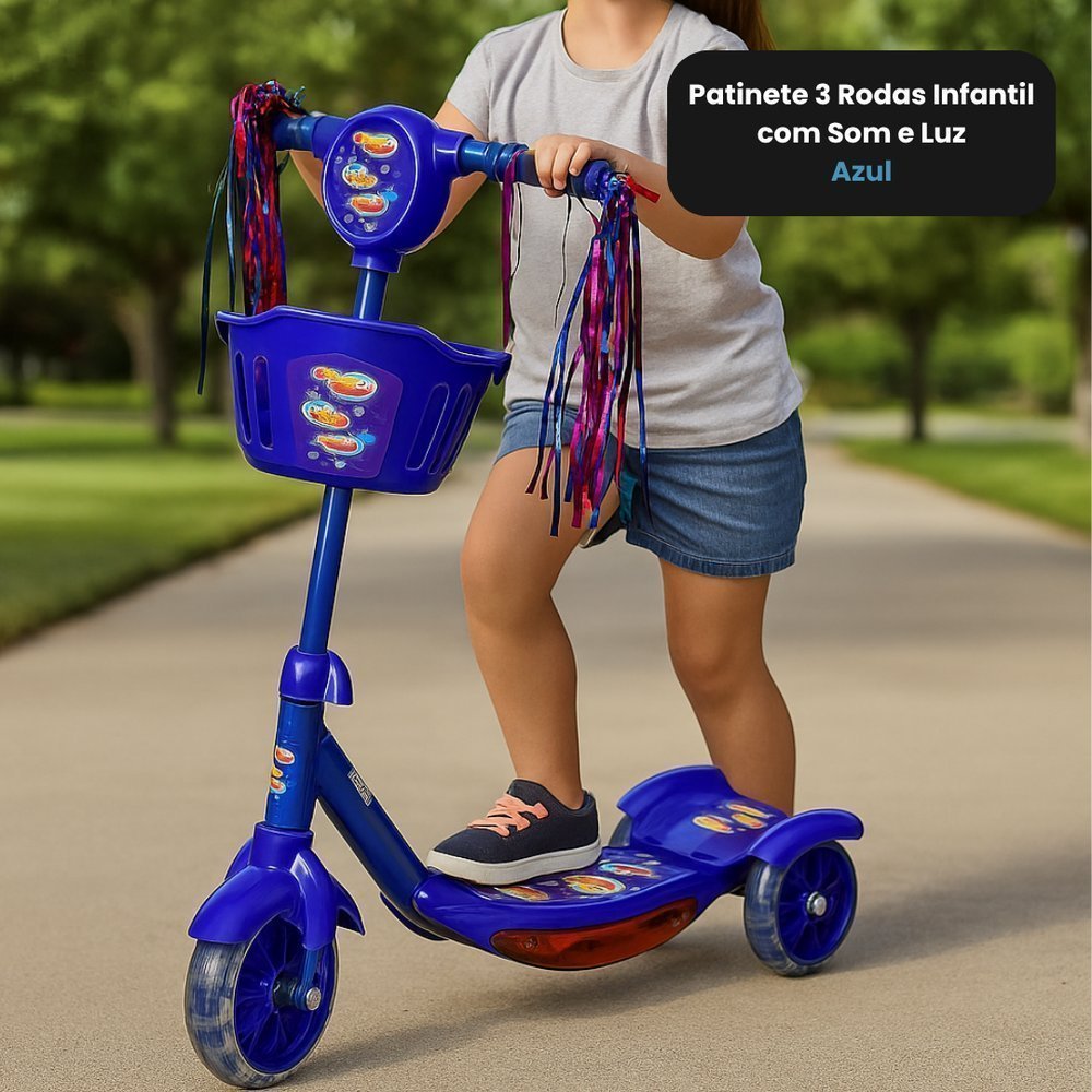 Patinete Infantil 3 Rodas com Luz, Som e Dobrável