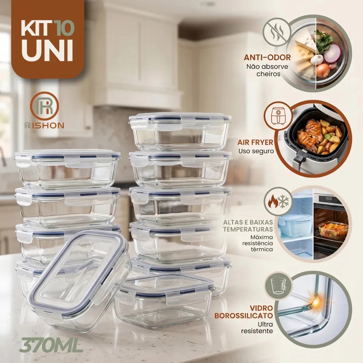 Kit 10 Potes de Vidro Herméticos Rishon 370ml