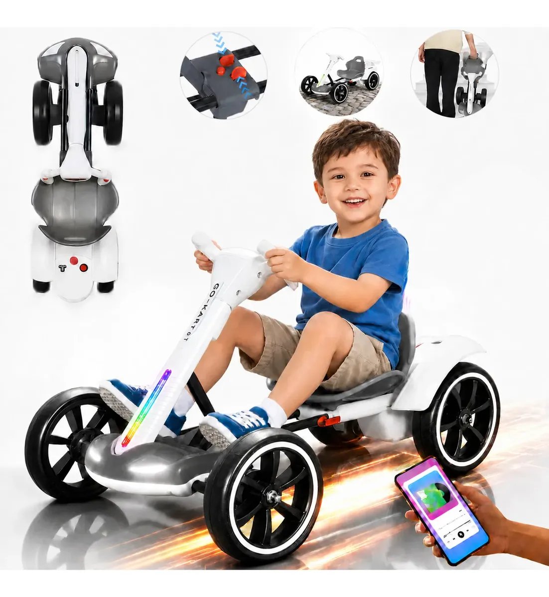 Mini Carro Elétrico Infantil Controle Luzes Bluetooth 80kg Branco