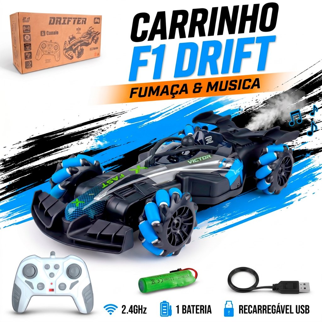 Carrinho Controle Remoto Drift F1 Recarregável com Fumaça e Som