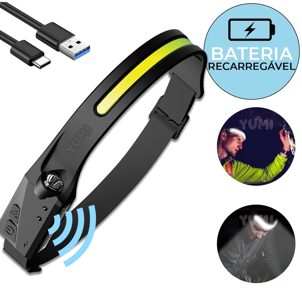 Lanterna Led Para Cabeça com Sensor de Movimento Tática Ciclismo Pesca Recarregável USB LED Cob