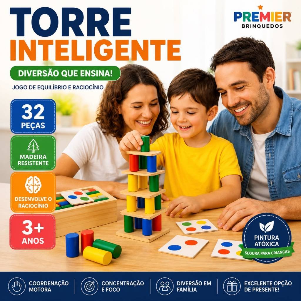 Torre Inteligente Madeira 32 Peças Jogo Educativo Infantil Empilha Blocos Coordenação Motora Montessori Brinquedo 3+ Ano