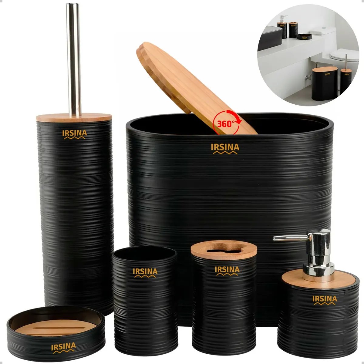 Análise Detalhada: Kit Banheiro Irsina – Design e Funcionalidade em Bambu e Preto