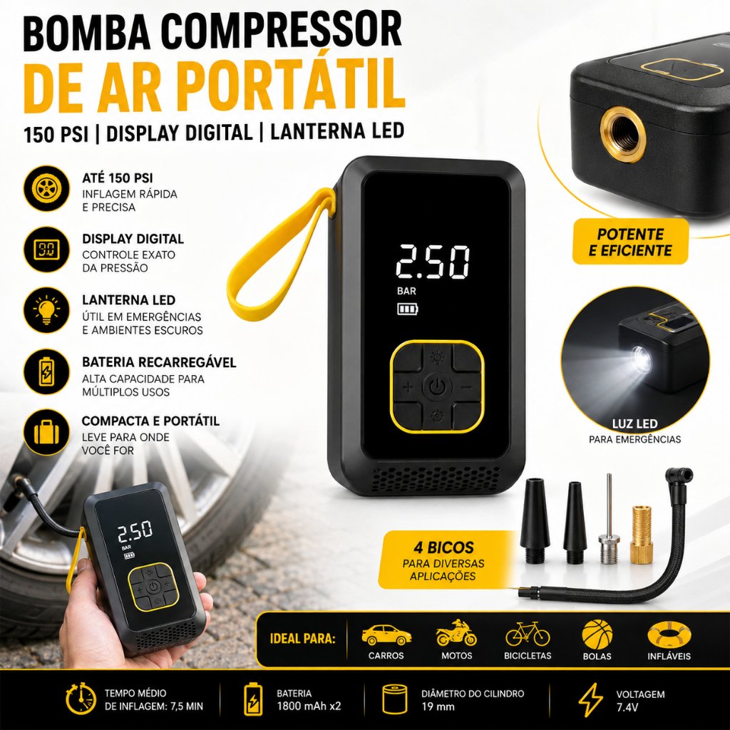 Compressor Portátil 150 PSI: A Solução Sem Fio para Pneus Sempre Calibrados