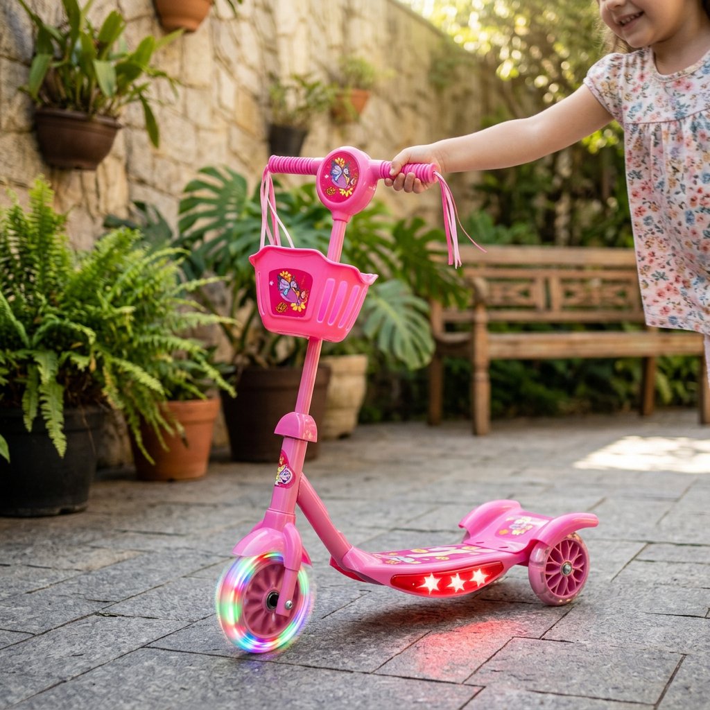 Patinete Infantil 3 Rodas com Luz, Som e Dobrável Rosa