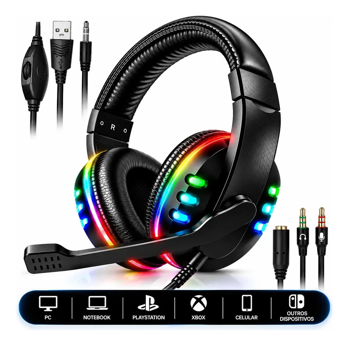 Headset Gamer Landara RGB com Microfone e Surround 5.1 Preto