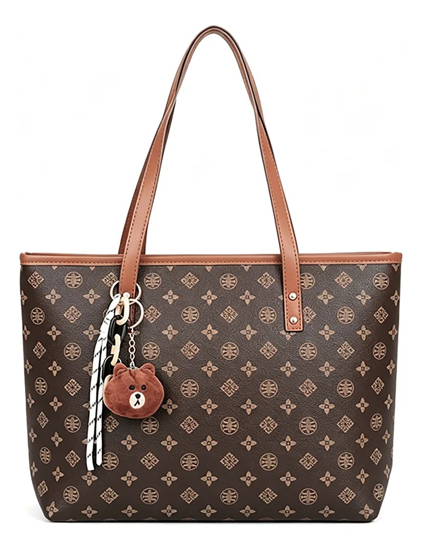 Bolsa Tote Feminina Grande Couro Pu Monograma Urso Luxo Coffee Liso Níquel