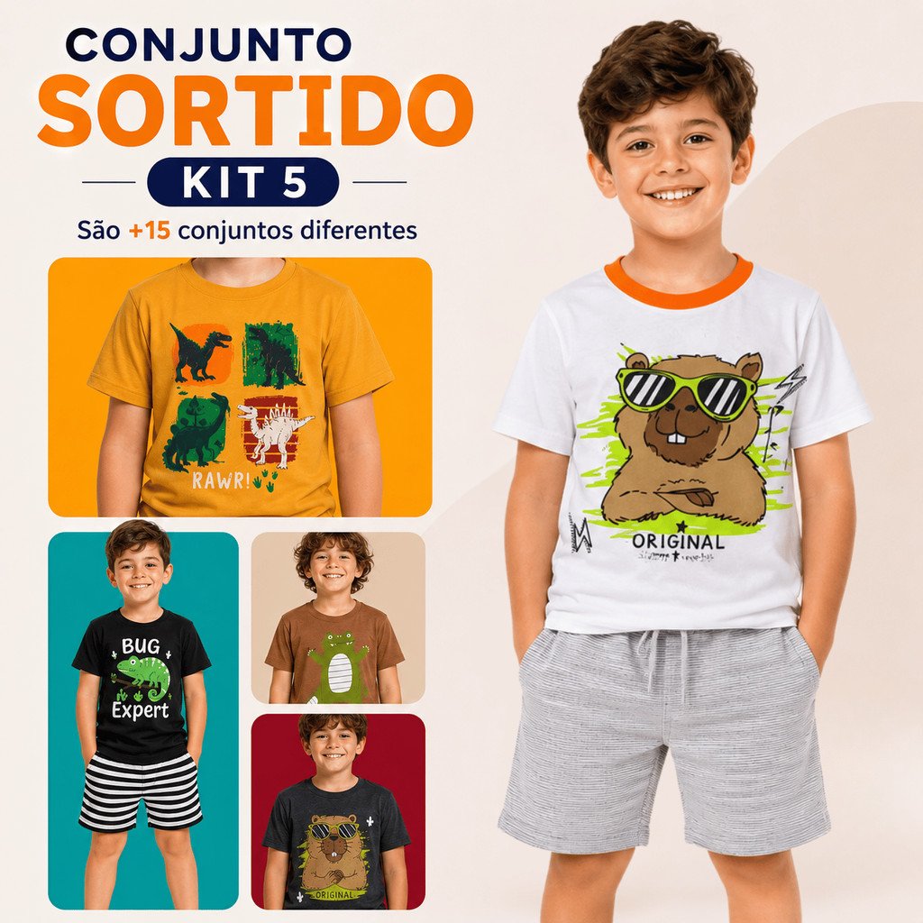 Kit 5 Conjuntos Infantis Masculinos Camiseta e Shorts