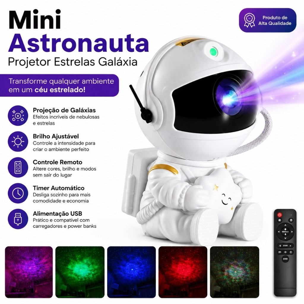 Mini Projetor Astronauta Galáxia Luz Noturna Nebulosa 8 Efeitos Controle Remoto