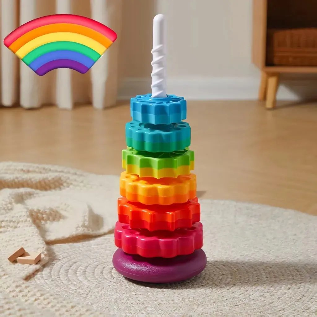 Torre De Argolas Giratória Brinquedo De Encaixe Para Bebê Arco-íris