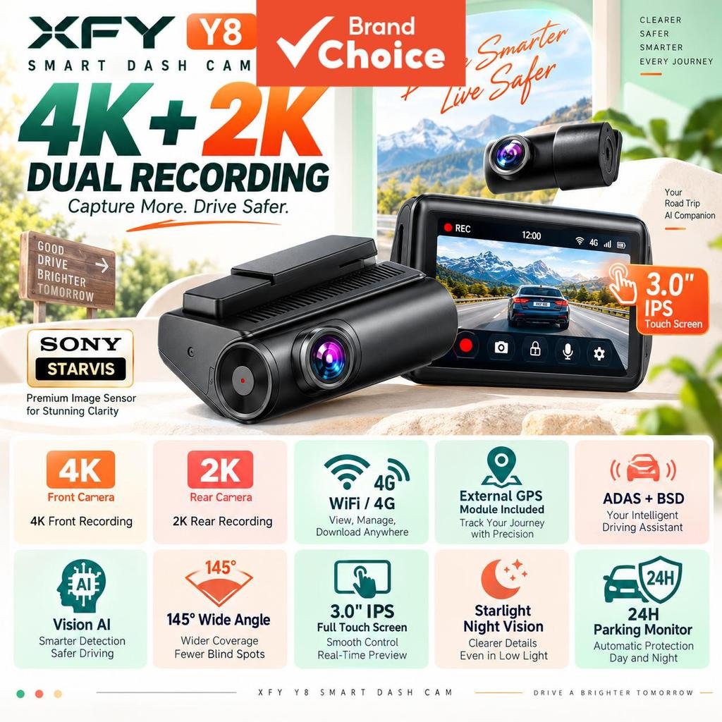Xfy Y8 Dual Dash Cam 4k Frontal 2k Traseira , Dvr De Carro Inteligente Com Aplicativo WIFI , Gps , Visão Noturna Starlig