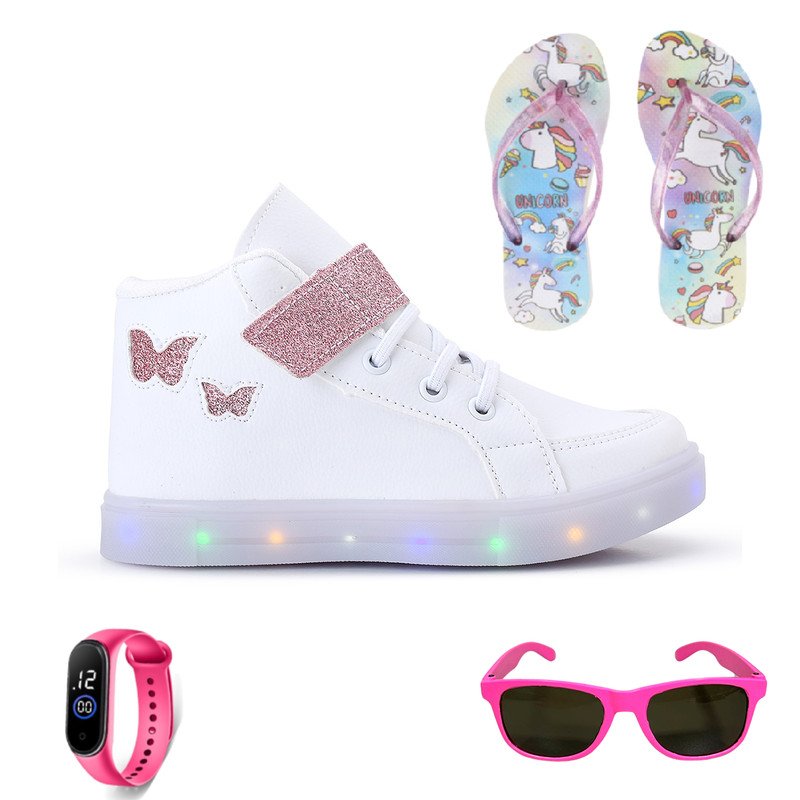 Kit Infantil Tênis LED Cano Alto, Chinelo, Relógio e Óculos