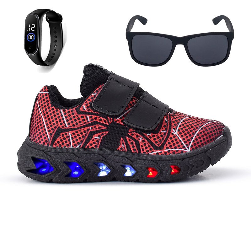 Kit Tênis Casual Infantil com LED, Óculos e Relógio Aranha
