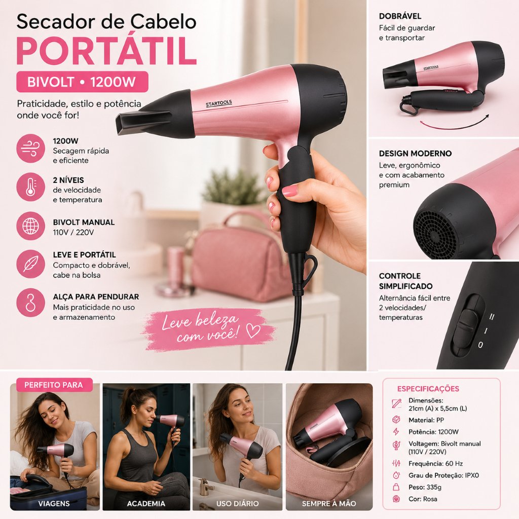 Secador Compacto 1200W Bivolt: A Eficiência Portátil que Cabe na Sua Bolsa