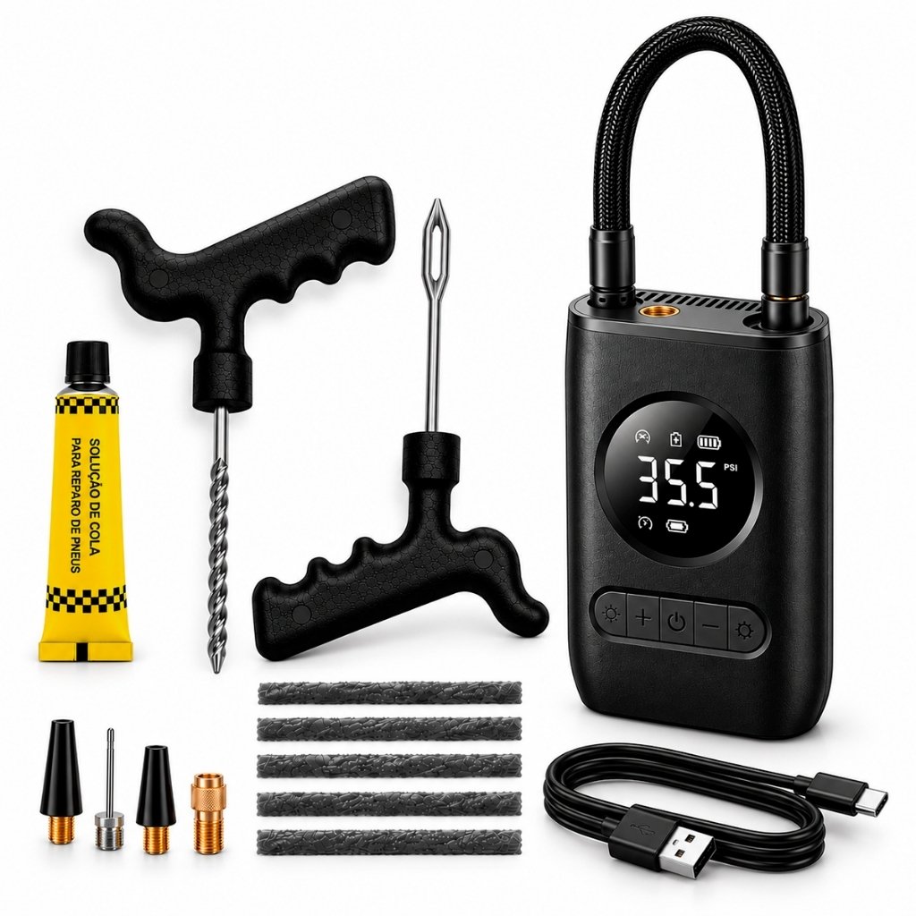 Mini Compressor de Ar Portátil Digital com Kit de Reparo